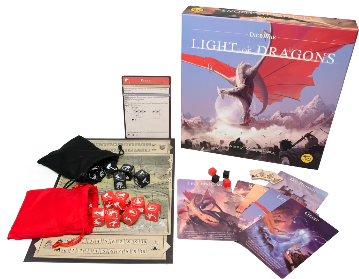 Spielinhalt von Light of Dragons: Spielbrett, Karten, Würfel und Stoffbeutel
